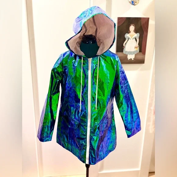 NWOT PrettyLittleThing Iridescent Blue and Green Raincoat - Picture 3 of 4